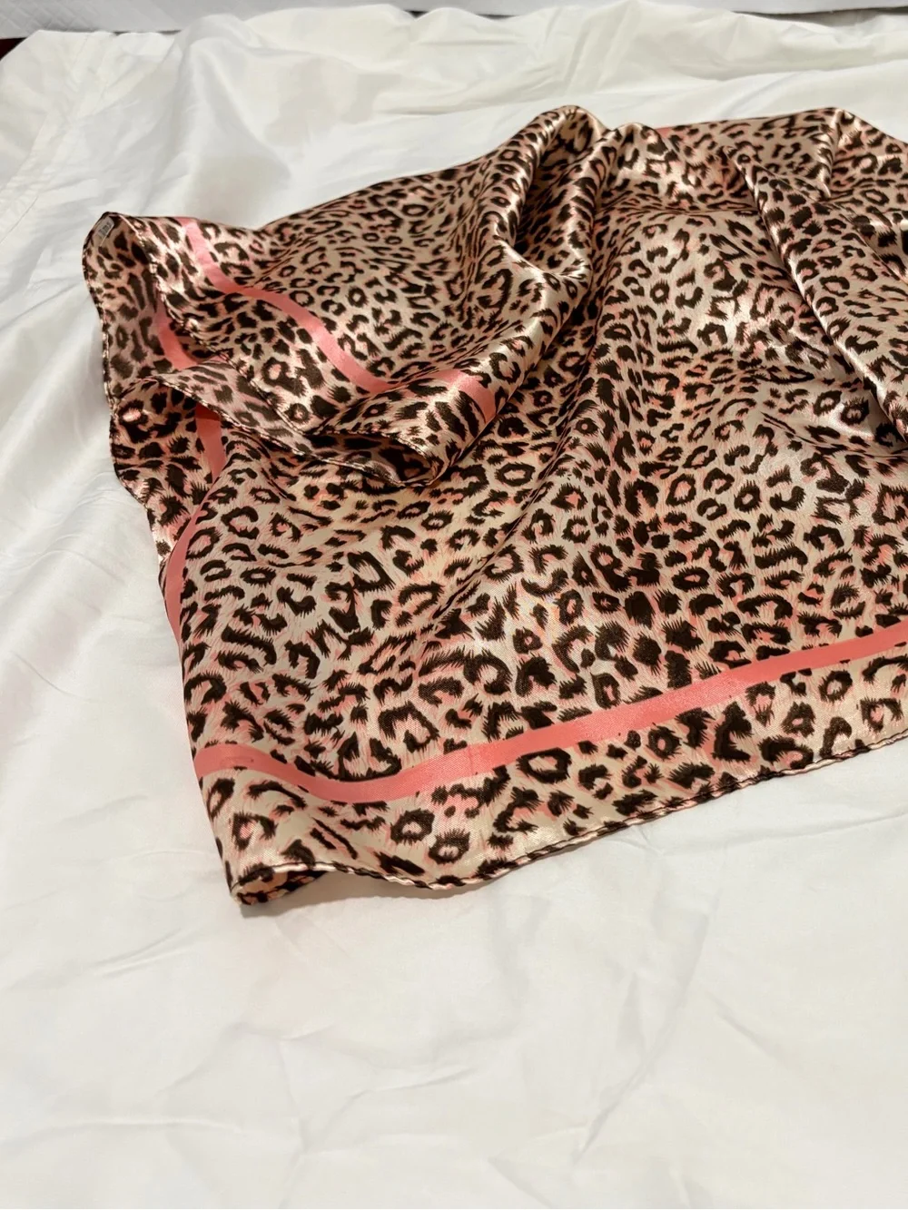 Leopard Print Satin Scarf with Pink Trim
